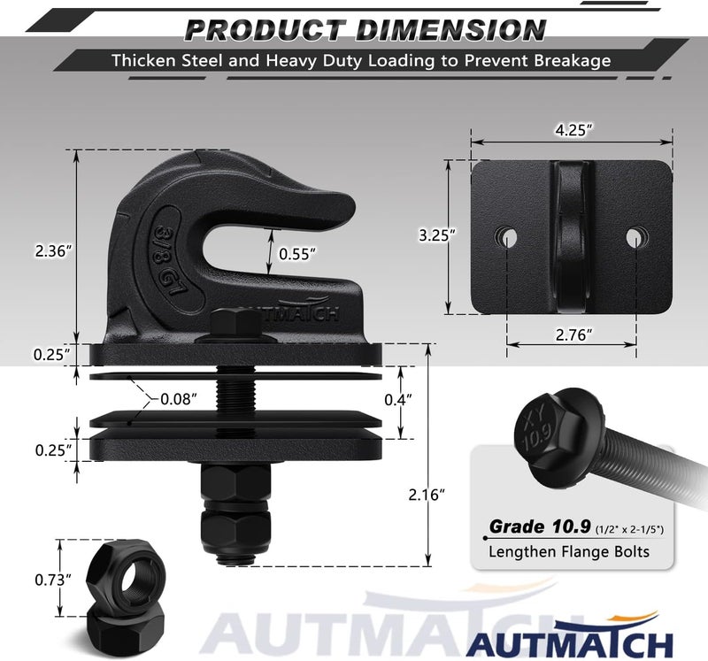 AUTMATCH Tractor Bucket Grab Hook 3/8" (2 Pack) - Bolt On Grab Hook Tow Hook Mount with Backer Plate and Rubber Pad, Grade 70 Forged Steel Max 18,000Lbs Work for Loader, Tractor Bucket, Frosted Black - Image 4
